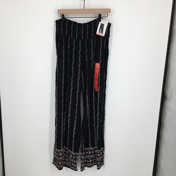 Three Dots Wide Leg Pants Womens Medium Black Floral Border Smocked Waist #M - Picture 2 of 14